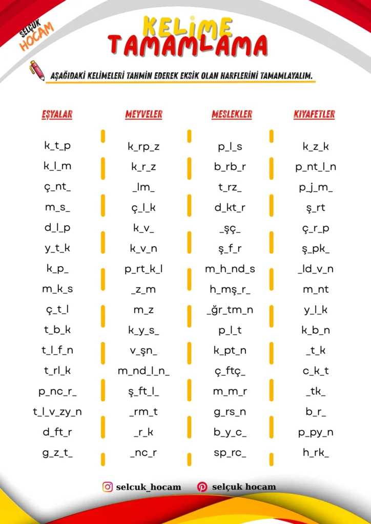 ilkokul kelime tamamlama dikte çalışmaları