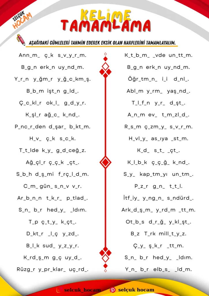 ilkokul kelime tamamlama dikte çalışmaları