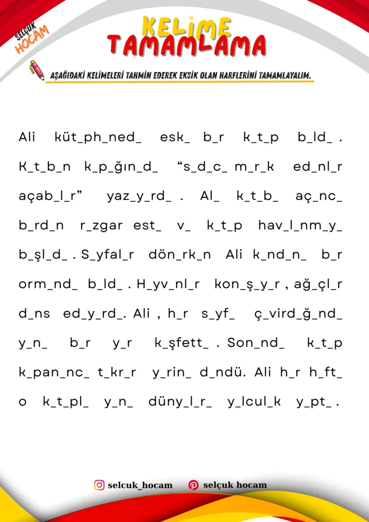 ilkokul kelime tamamlama dikte çalışmaları