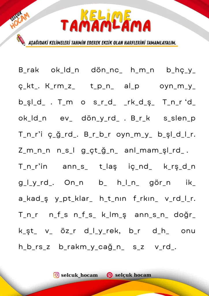 ilkokul kelime tamamlama dikte çalışmaları