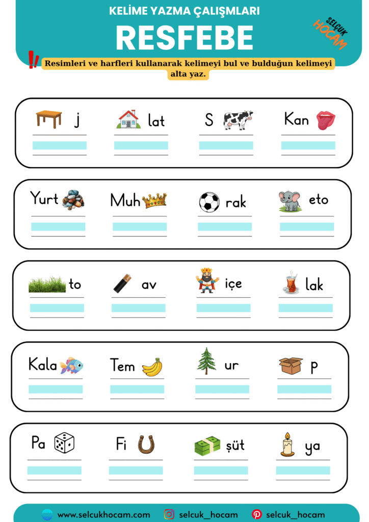 resfebe çalışmaları, kelime yazma